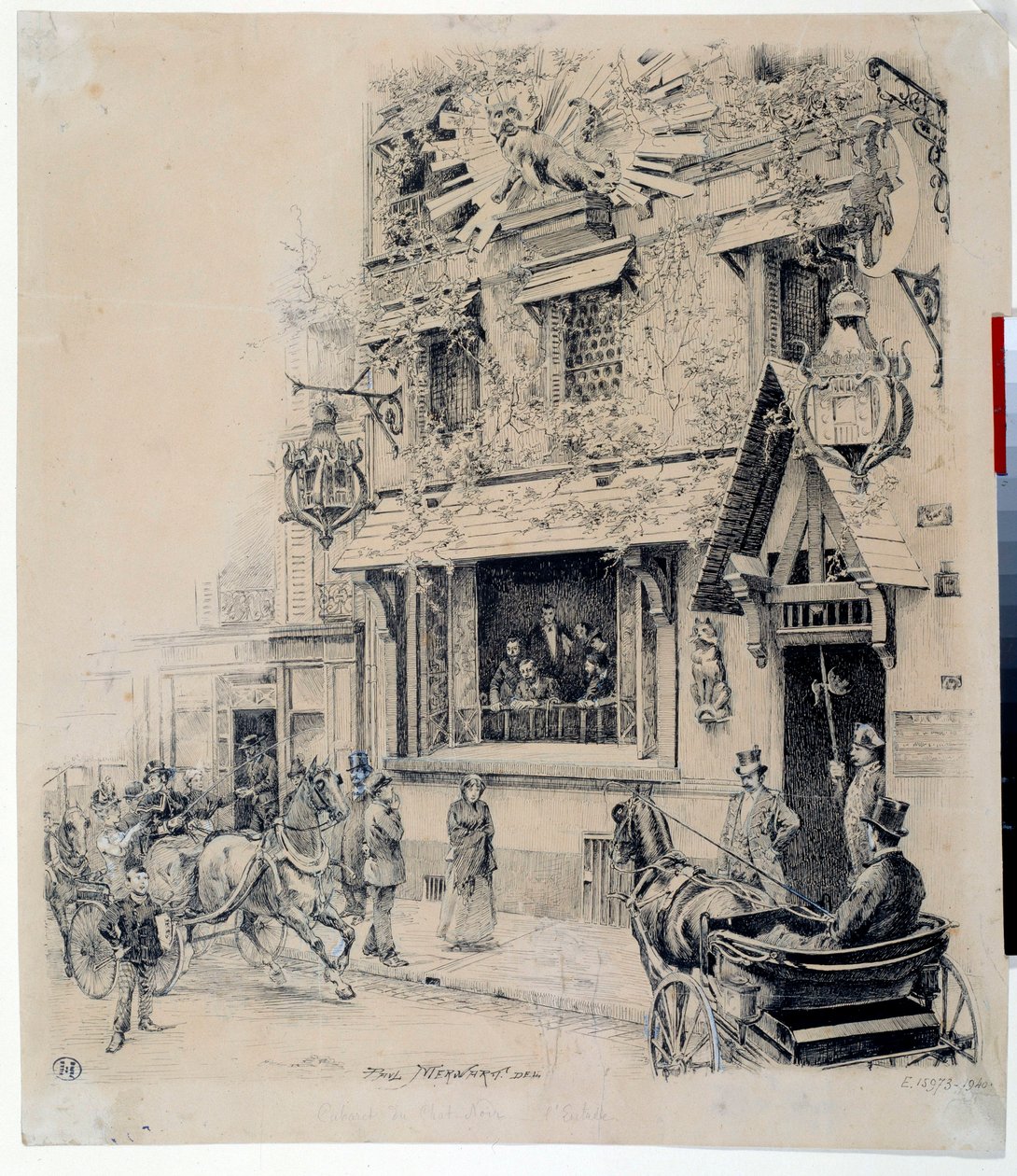 Ansicht des Eingangs zum Cabaret du Chat Noir. Tintenzeichnung von Paul Merwart (1855-1902) 19. Jahrhundert Paris, Musée Carnavalet von Paul Merwart