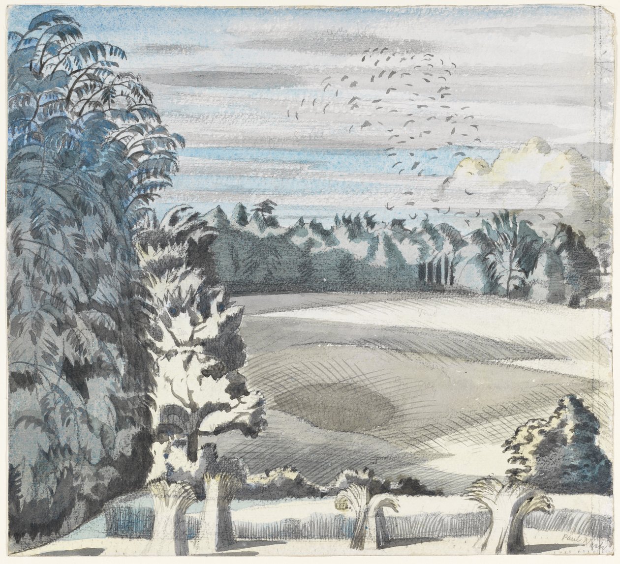 Landschaft mit Saatkrähen, ca. 1913-14 von Paul Nash