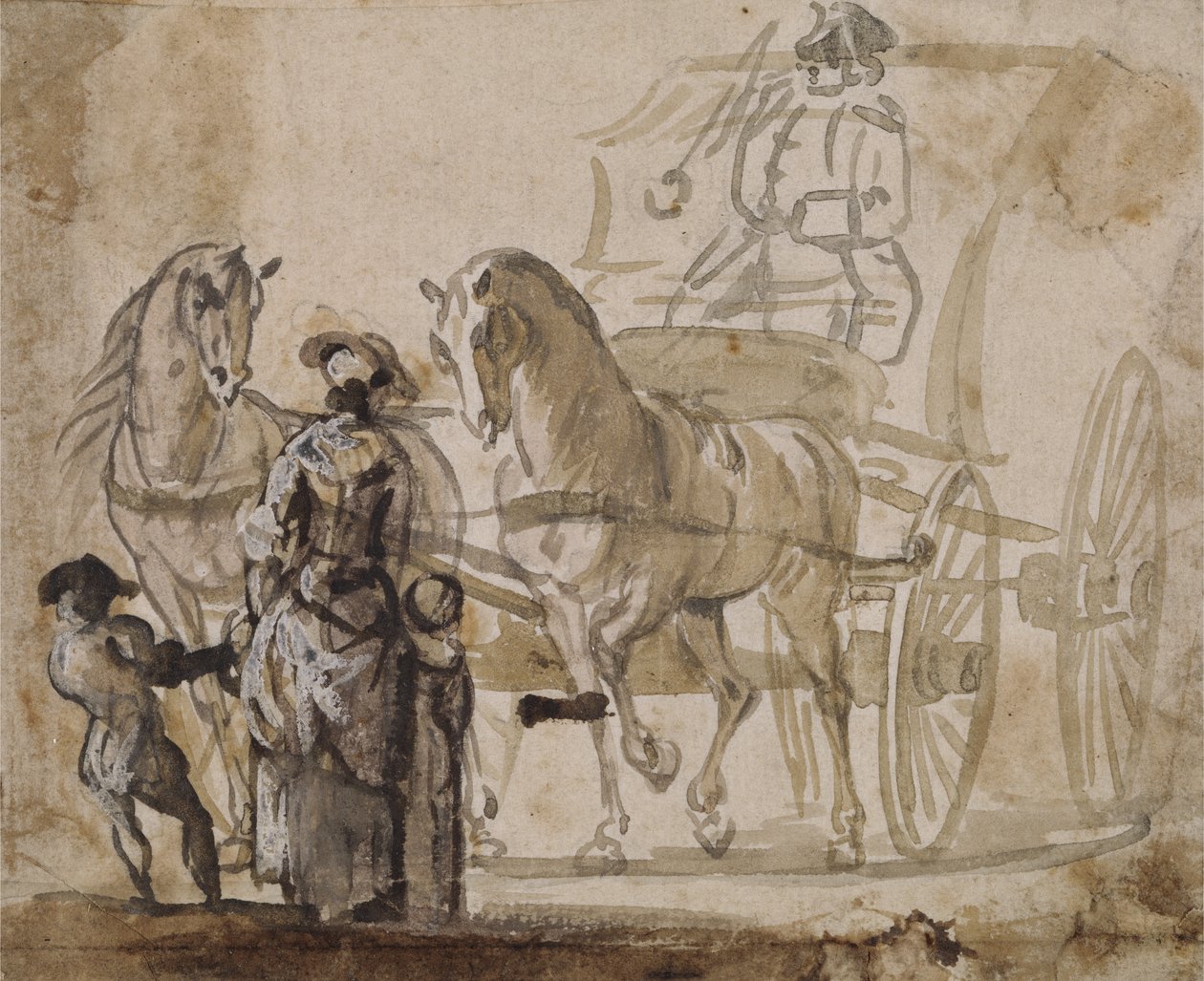 Eine Kutsche und ein Paar, mit Kutscher von Paul Sandby