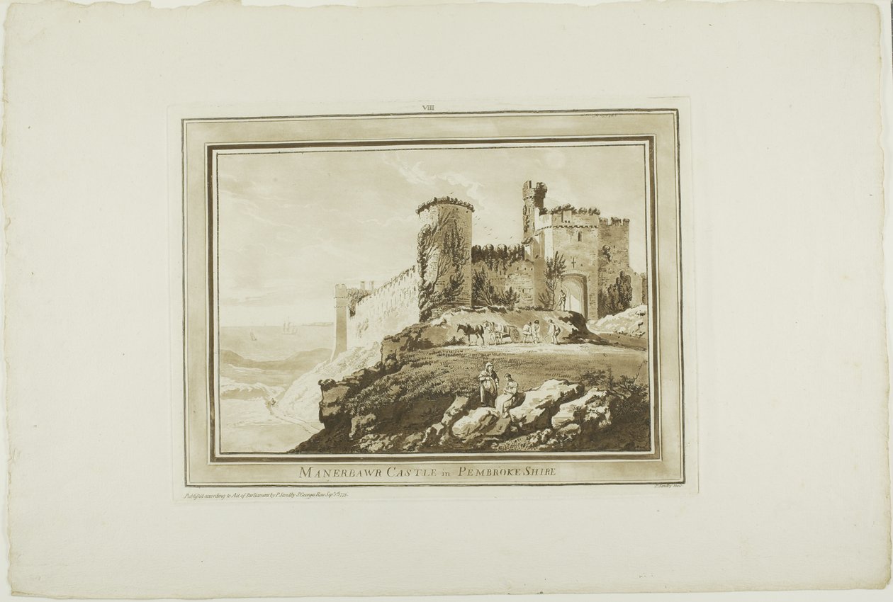 Manerbawr Castle in Pembroke Shire, aus Zwölf Ansichten in Aquatinta von Zeichnungen vor Ort in Südwales von Paul Sandby