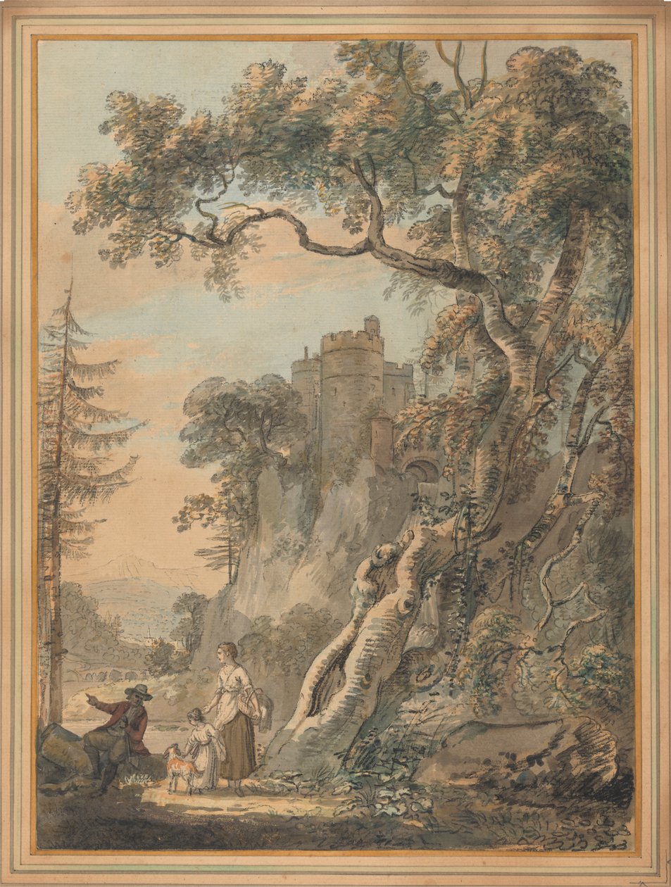 Romantische Landschaft - Bauern am Fuße einer Burg auf einem Felsen von Paul Sandby