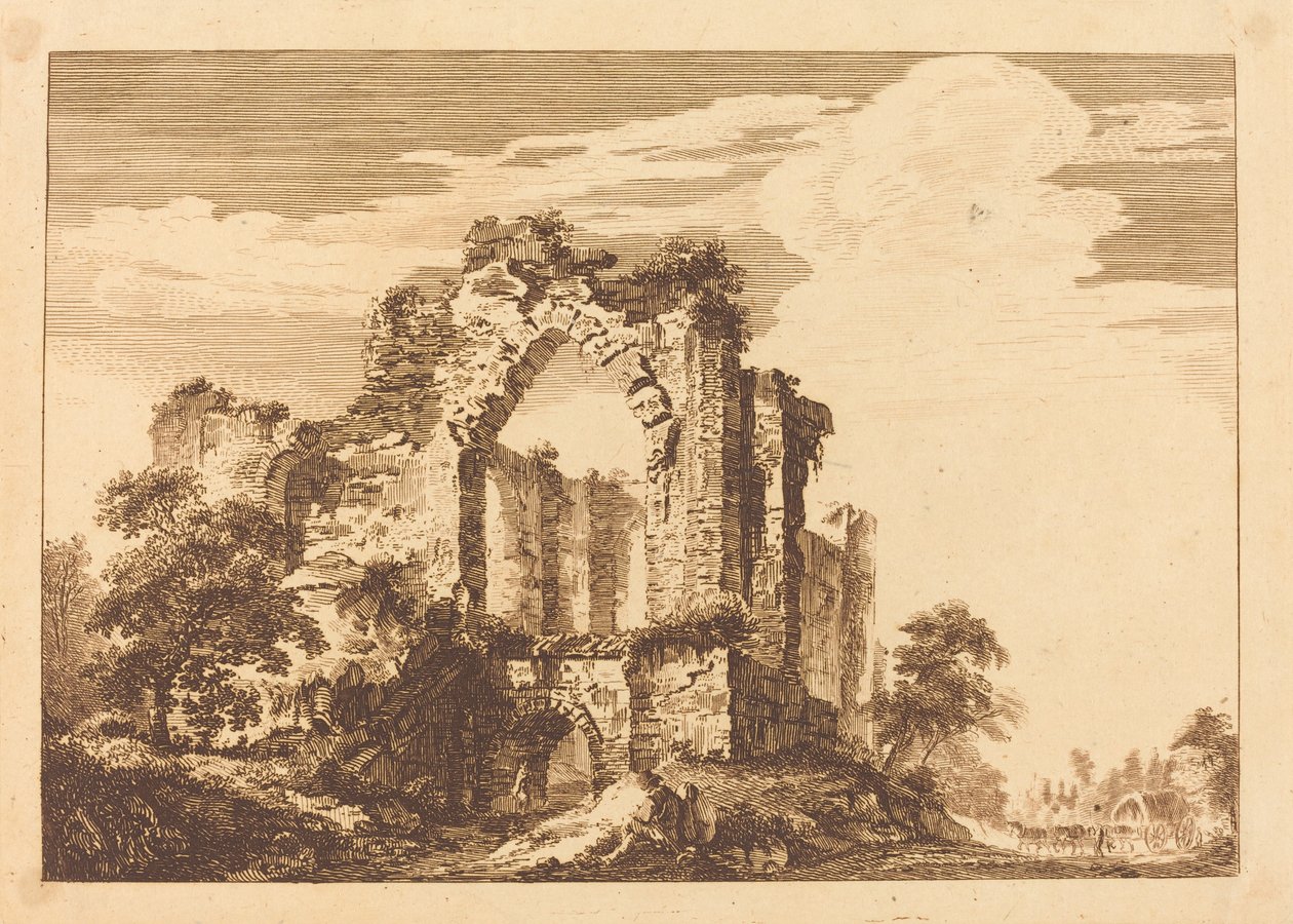 Ruinen mit einem sitzenden Mann und einem bedeckten Wagen in der Ferne von Paul Sandby