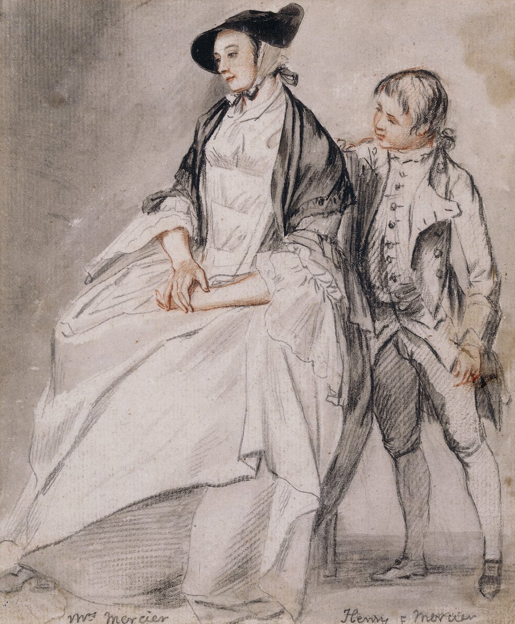 Studie von Mrs. Mercier, die in einem Stuhl sitzt, und ihrem jüngsten Sohn Henry Mercier, der hinter ihr steht von Paul Sandby
