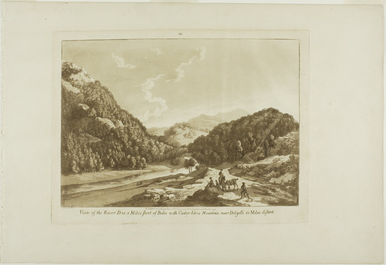 Ansicht des Flusses Dee 3 Meilen vor Bala, mit dem Cadar-Idris-Berg in der Nähe von Dolgelli 30 Meilen entfernt, Platte neun aus Zwölf Ansichten in Wales von Paul Sandby