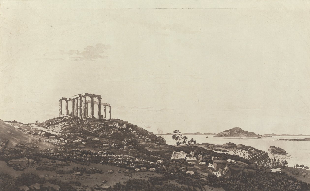 Ansichten im Levant: Ruinierter Tempel auf Hügel bei Suninum mit Blick auf Inseln von Paul Sandby