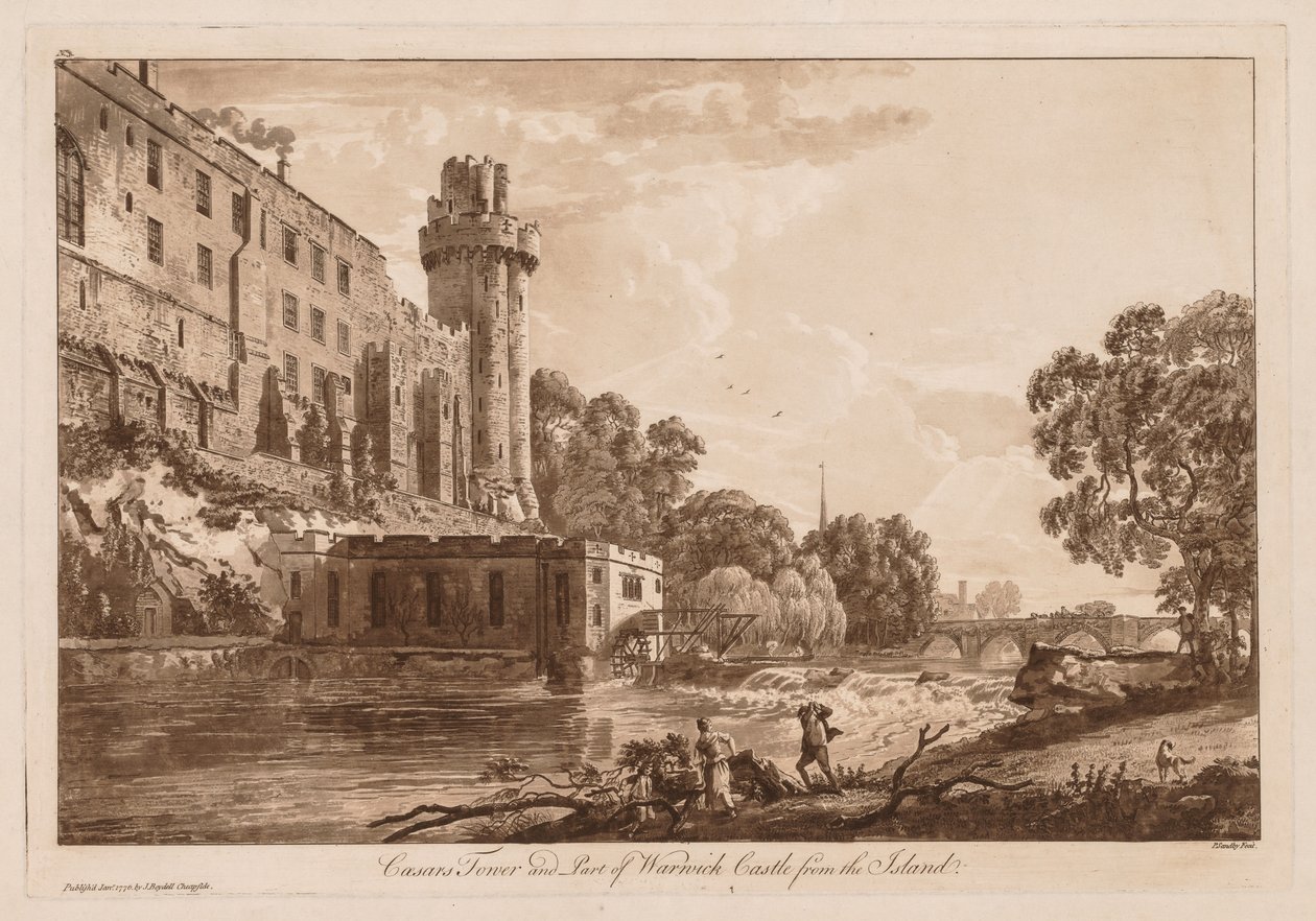 Ansichten von Warwick Castle: Caesars Turm und Teil von Warwick Castle von der Insel, 1776 von Paul Sandby