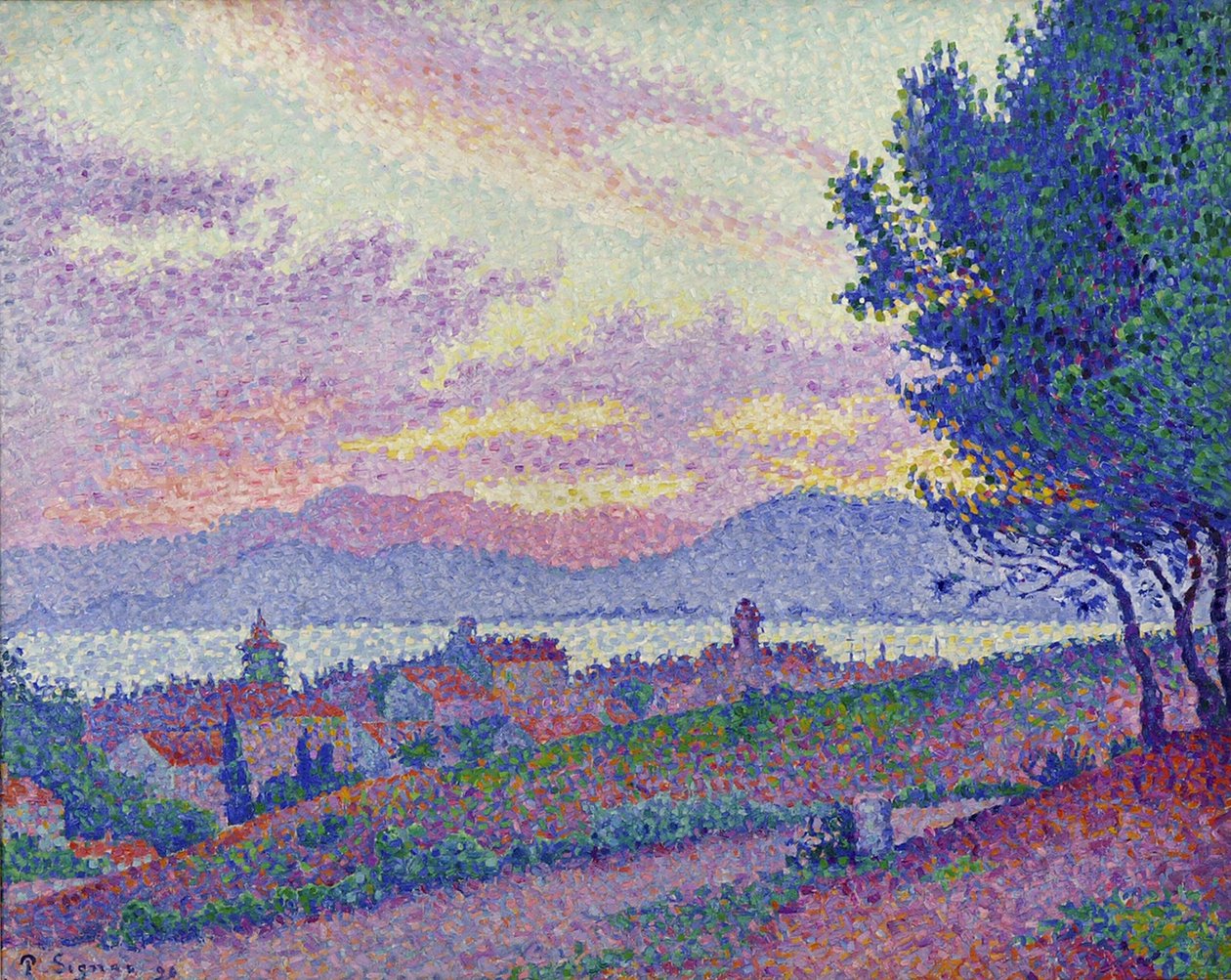Blick auf Saint-Tropez, Sonnenuntergang im Pinienwald, 1896 von Paul Signac
