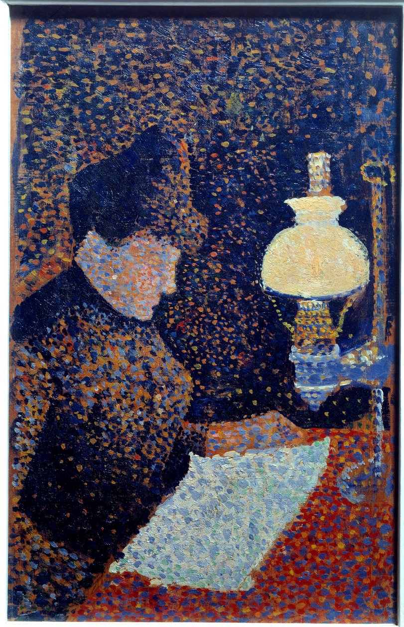 Frau unter der Lampe. Pointillismus. Gemälde von Paul Signac von Paul Signac