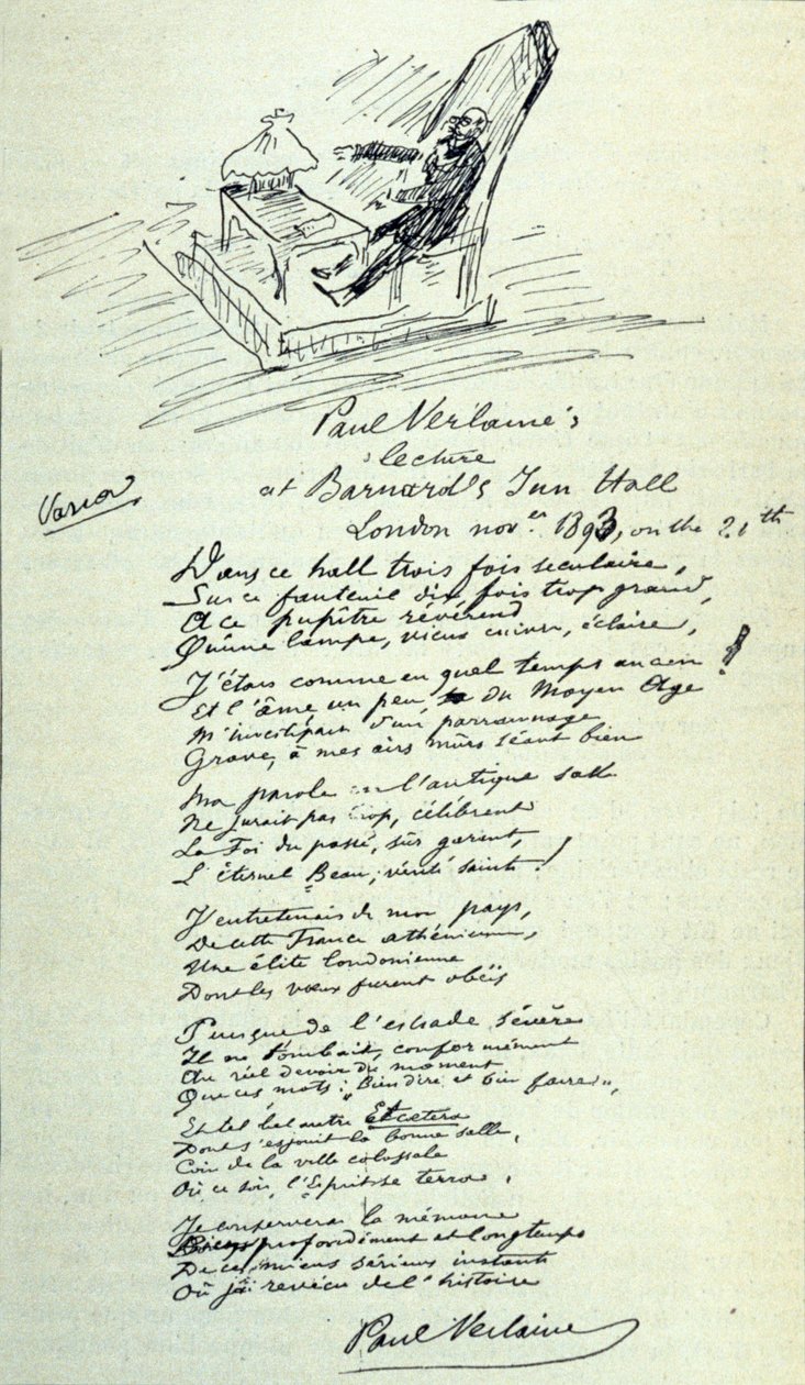 Gedichtzeichen des französischen Dichters Paul Verlaine (1844-1896) mit Skizze des Vertreters während einer Lesung. 21.11.1893 von Paul Verlaine