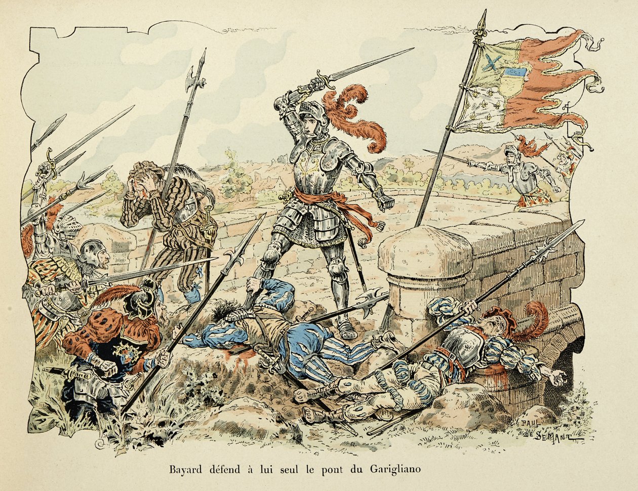Illustration aus dem Buch „Histoire du chevalier Bayard“ von Theodore Cahu, illustriert von Paul De Semant (1855-1915): Bayard verteidigt allein die Brücke von Garigliano 1504 von Paul de Semant