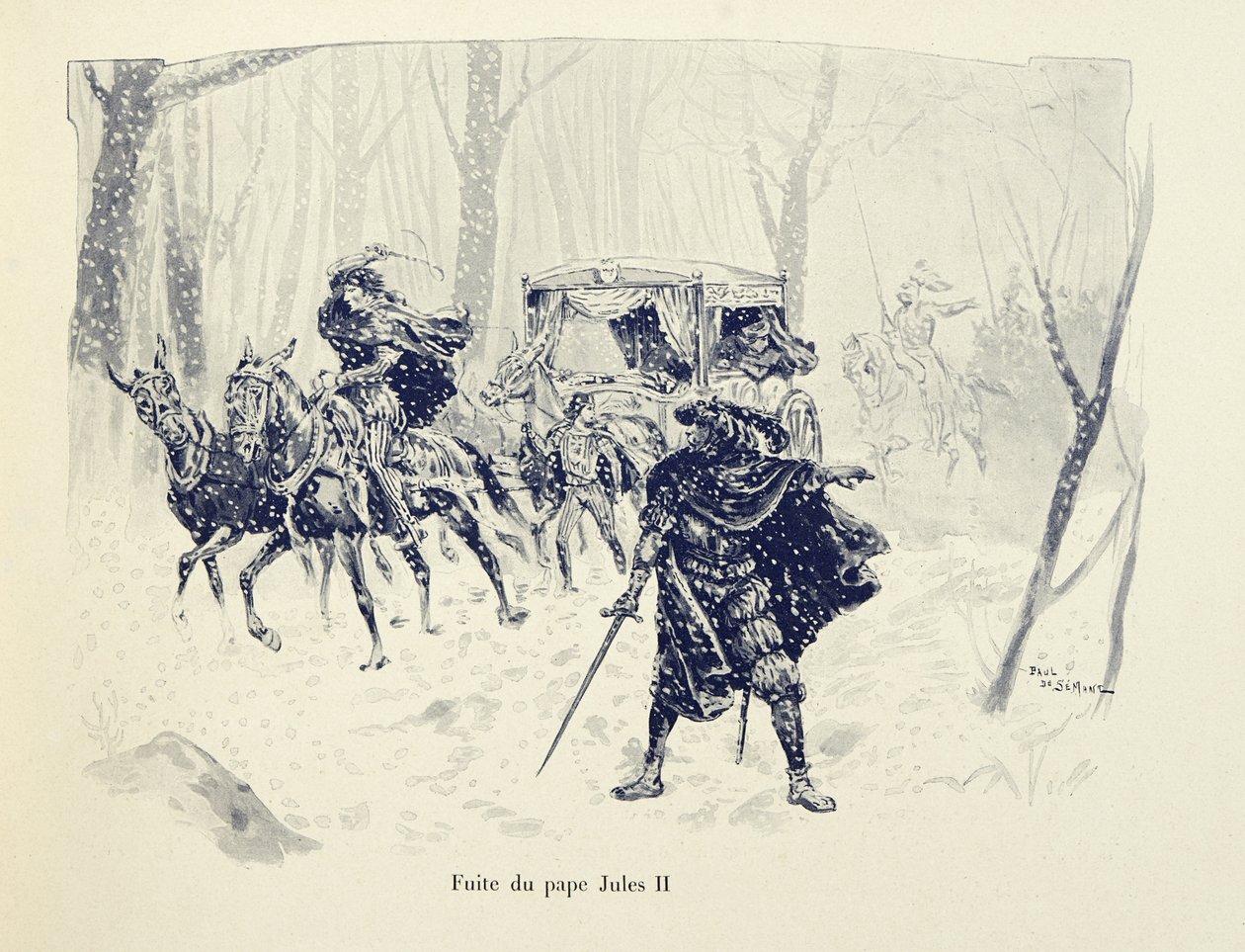 Illustration aus dem Buch „Histoire du chevalier Bayard“ von Theodore Cahu, illustriert von Paul De Semant: Flucht von Papst Julius II. von Paul de Semant