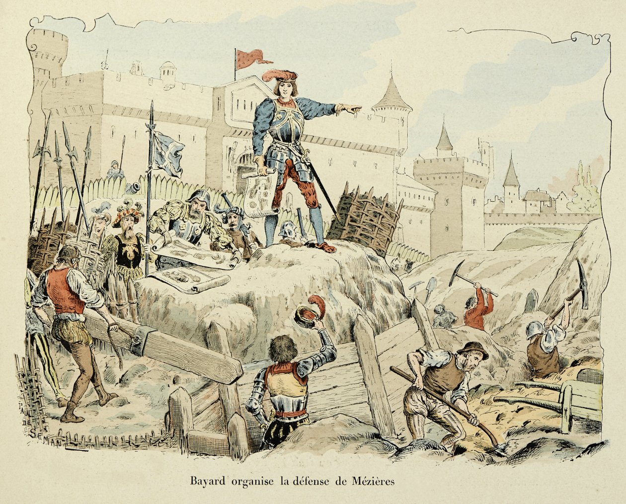 Illustration aus dem Buch „Histoire du chevalier Bayard“ von Theodore Cahu, illustriert von Paul De Semant (1855-1915): Bayard organisiert die Verteidigung von Mezieres 1521 von Paul de Semant