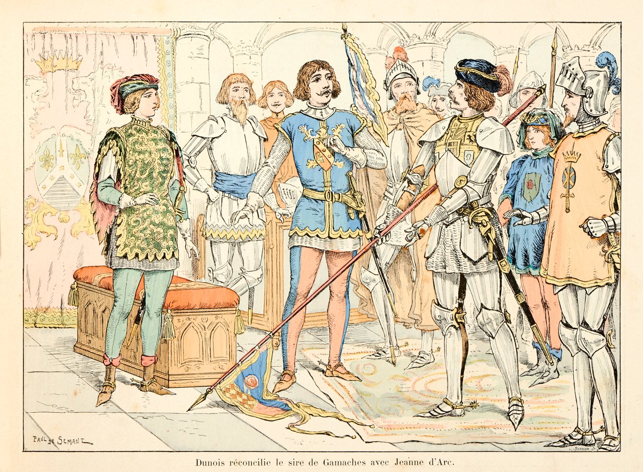 Illustration aus dem Buch „Joan of Arc“ von Theodore Cahu, illustriert von Paul De Semant: Dunois versöhnt den Herrn von Gamaches mit Jeanne d