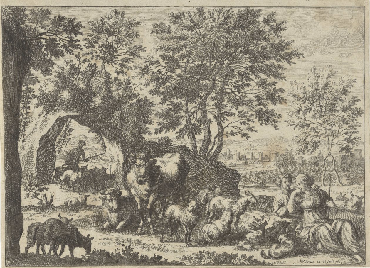 Hirte und Hirtin bei einer Herde von Paul van Somer (II)