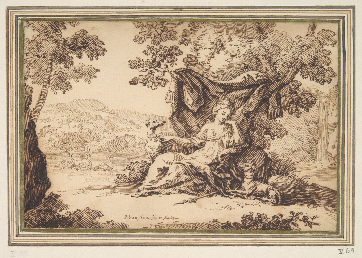 Frau mit zwei Hunden in einer Landschaft sitzend von Paul van Somer