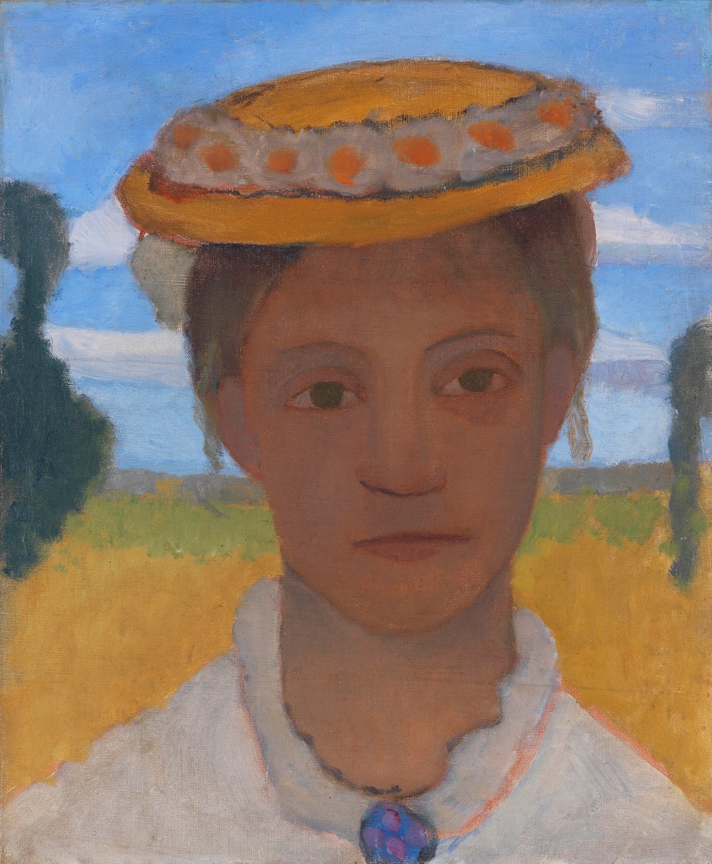 Die Schwester des Künstlers Herma mit einem Gänseblümchenkranz auf ihrem Hut, ca. 1901 von Paula Modersohn Becker