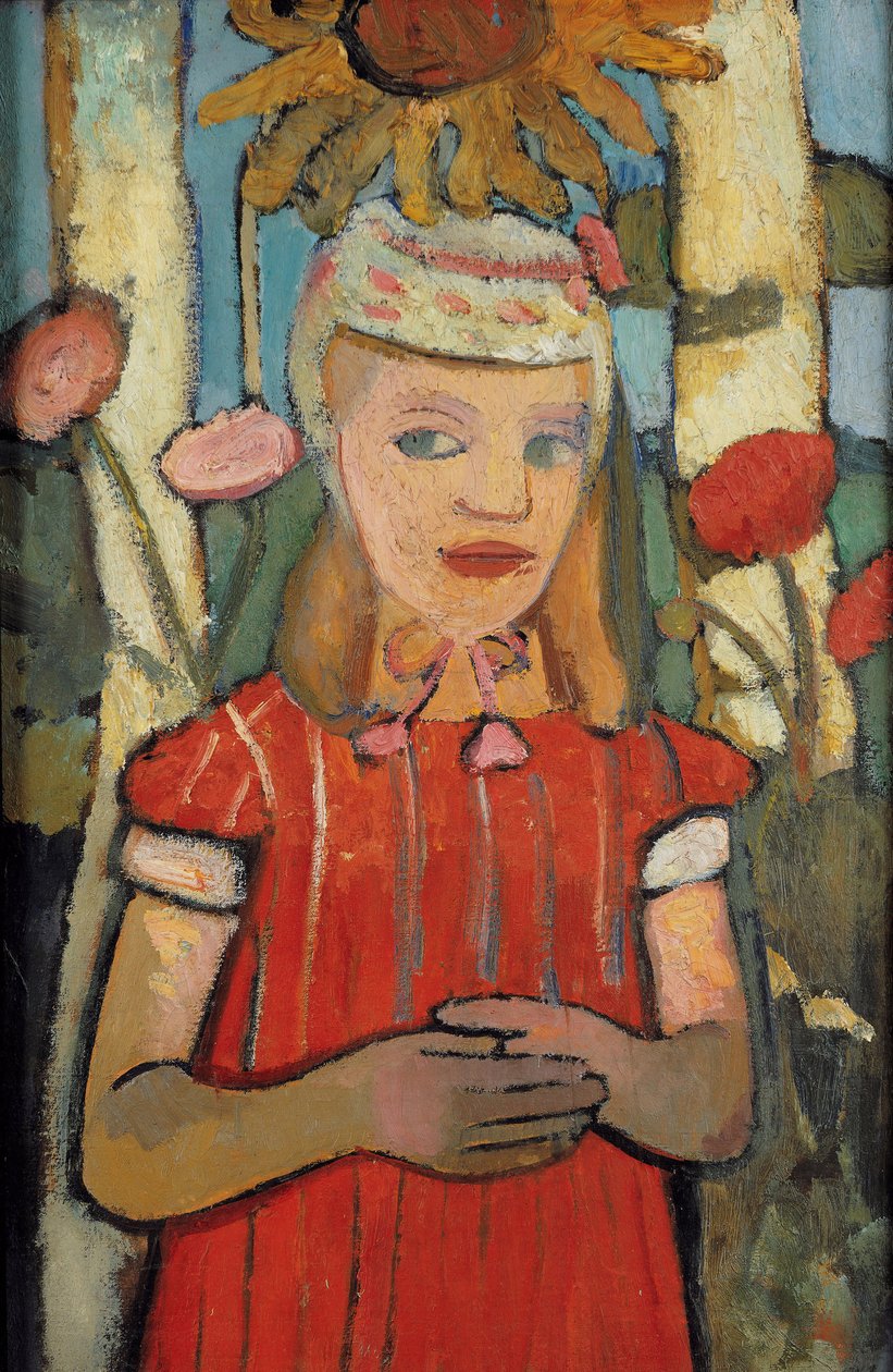 Mädchen im roten Kleid vor Sonnenblume, 1907 von Paula Modersohn Becker