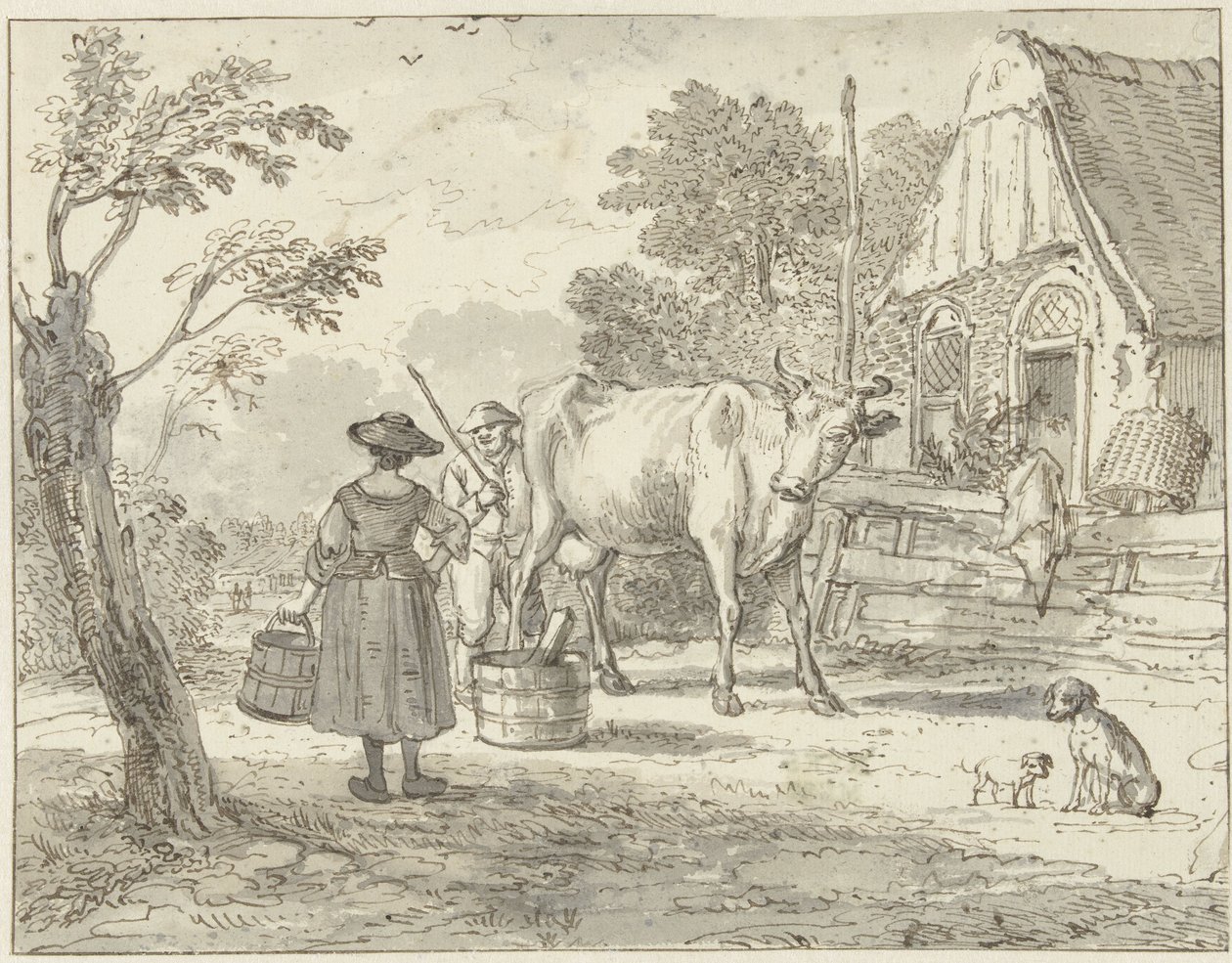 Bauern mit einer Kuh vor dem Haus von Paulus Constantijn la Fargue