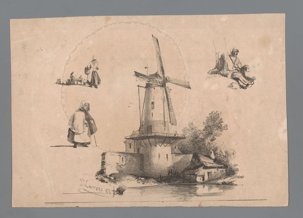 Mühle am Wasser mit drei Figurenstudien von Paulus Lauters