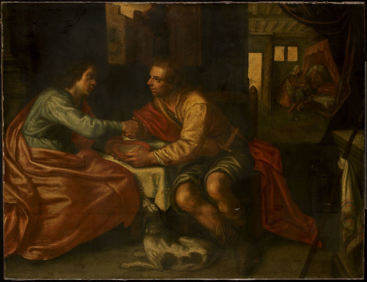 Esau verkauft sein Erstgeburtsrecht (Genesis 27:1-29) von Paulus Moreelse (copy after)