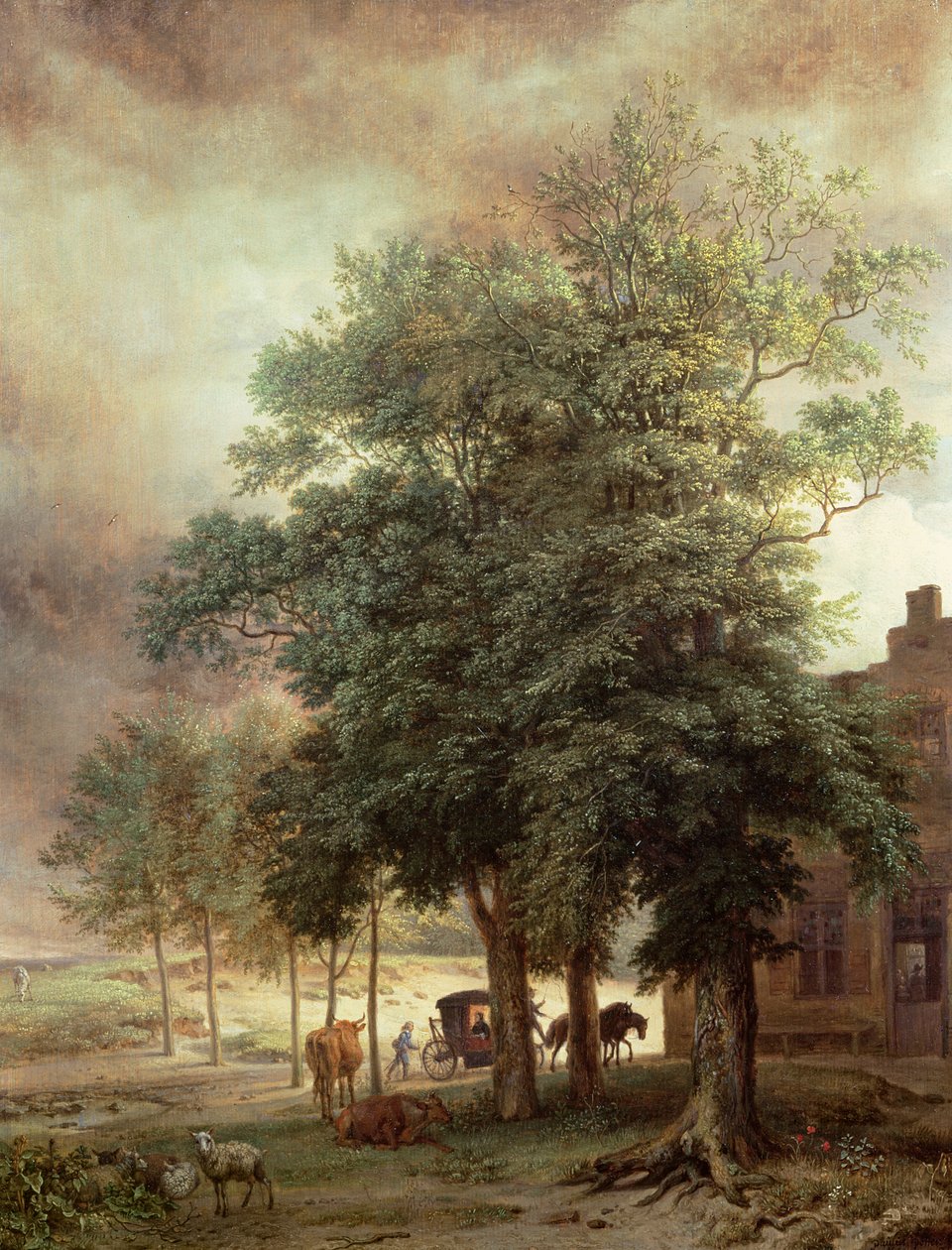 Landschaft mit Kutsche oder Haus hinter den Bäumen von Paulus Potter