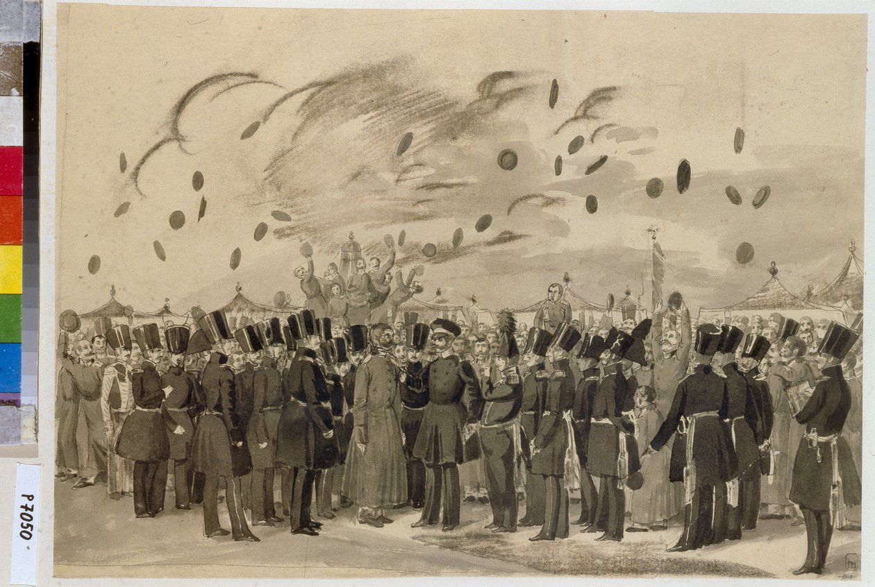 Großherzog Michael Pawlowitsch (1798-1849) besucht das Lager des finnischen Regiments der kaiserlichen Garde am 8. Juli 1837. von Pavel Andreevich Fedotov