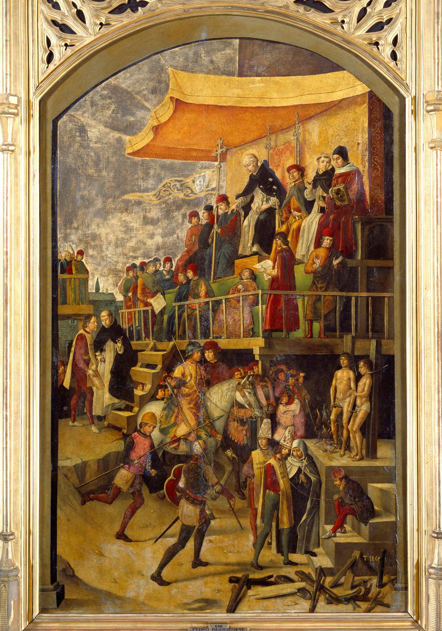 Inquisition „Autodafé präsidiert von Dominikus de Guzmán (1170-1221), Gründer des Dominikanerordens“ von Pedro Berruguete