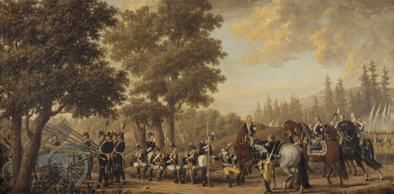 König Gustav III. von Schweden und ein Soldat, Episode aus dem Russischen Krieg 1789 von Pehr Hilleström