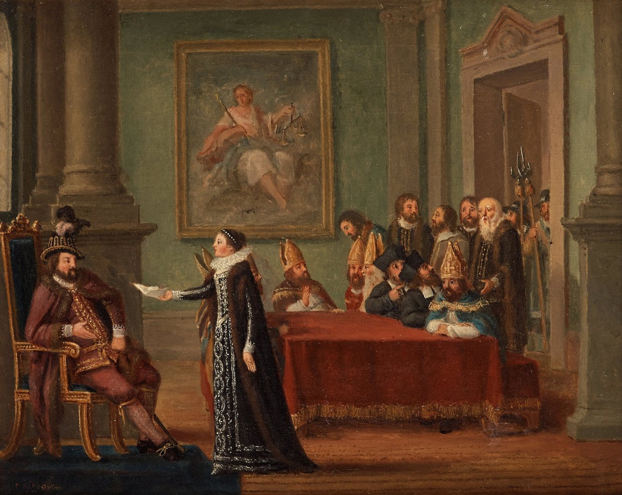 Christine Gyllenstierna mit dem Geleitbrief vor König Christian II. von Dänemark (1481-1559) von Pehr Hilleström
