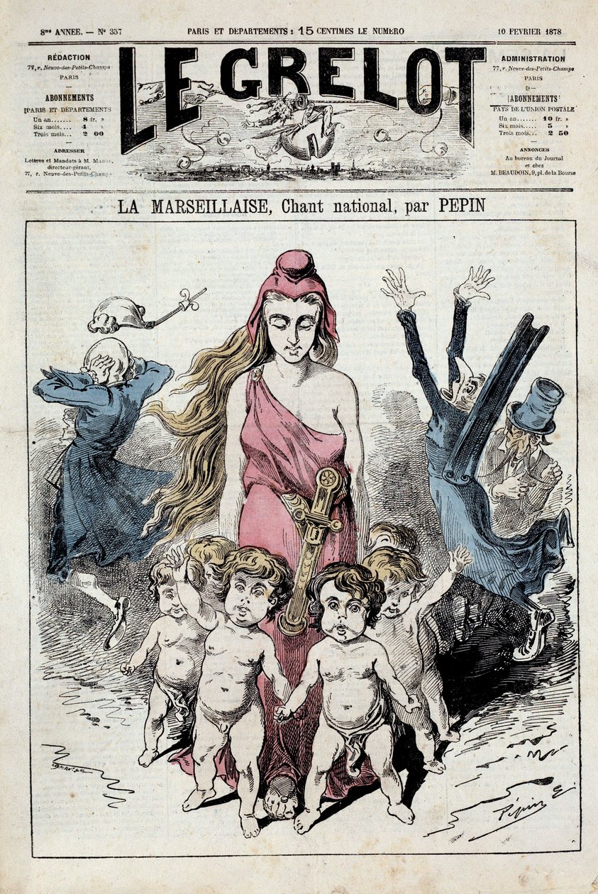 Eine der „Die Glocke“ darstellend eine Allegorie der Nationalhymne „La Marseillaise“ voranschreitend, während die Adligen ihre Ohren verstopfen und fliehen. Illustration von Pepin. 10/02/1878. Private Sammlung von Pepin