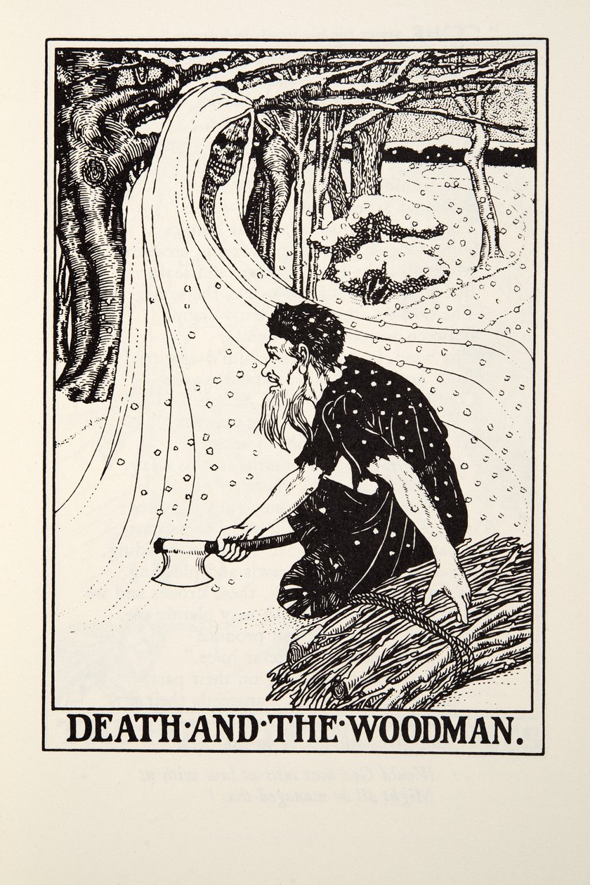 Der Tod und der Holzfäller, aus Fontaine Fabeln, veröffentlicht 1905 (Gravur) von Percy J. Billingshurst
