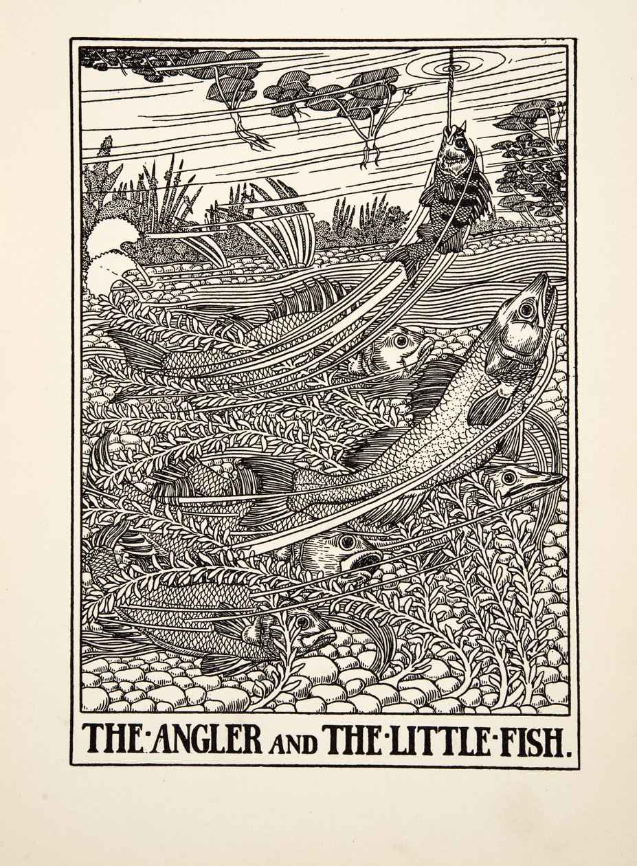 Der Angler und der kleine Fisch, aus Hundert Fabeln von Äsop, veröffentlicht 1903 (Gravur) von Percy J. Billingshurst