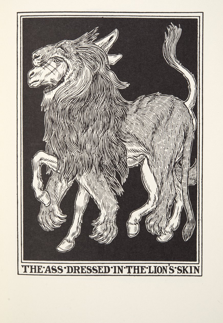 Der Esel im Löwenfell, aus Fontaine Fabeln, veröffentlicht 1905 von Percy J. Billingshurst