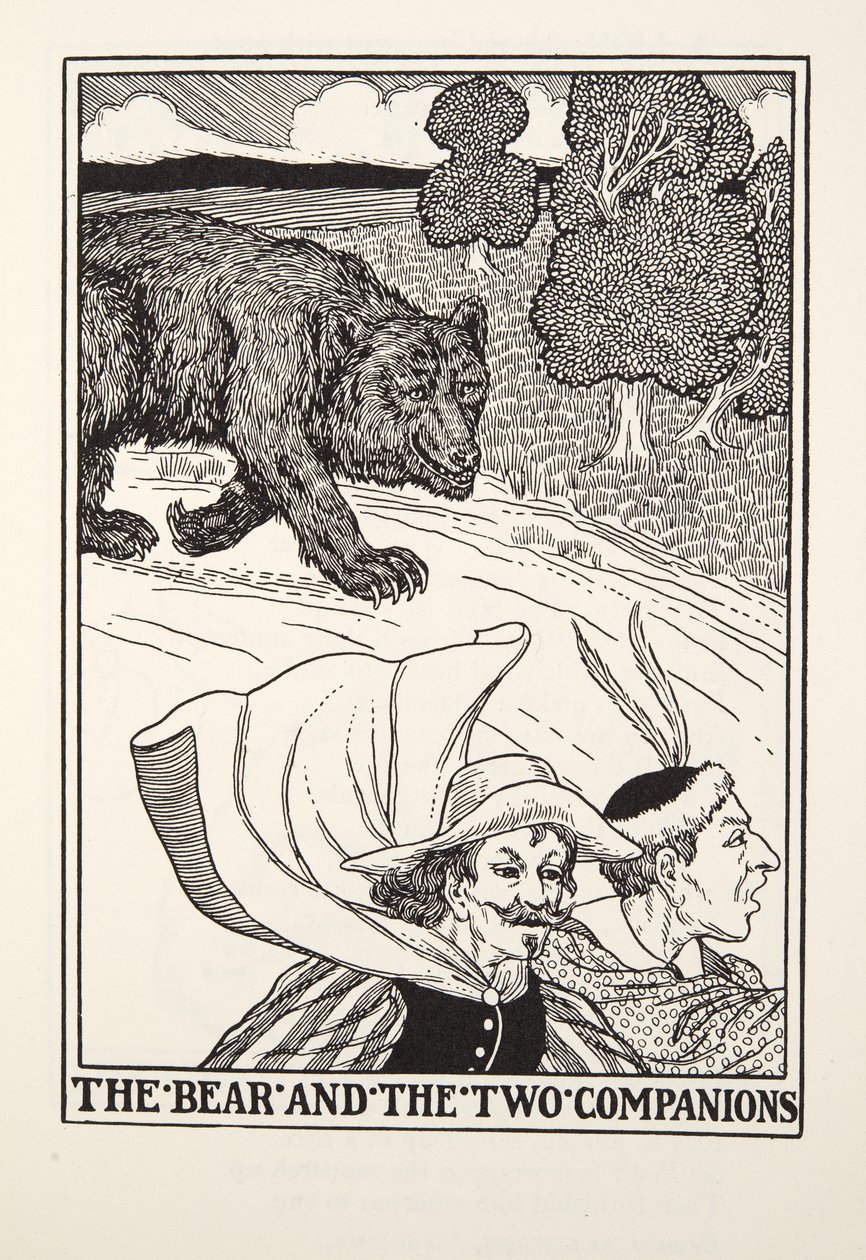 Der Bär und die zwei Gefährten, aus Fontaine Fabeln, veröffentlicht 1905 (Gravur) von Percy J. Billingshurst