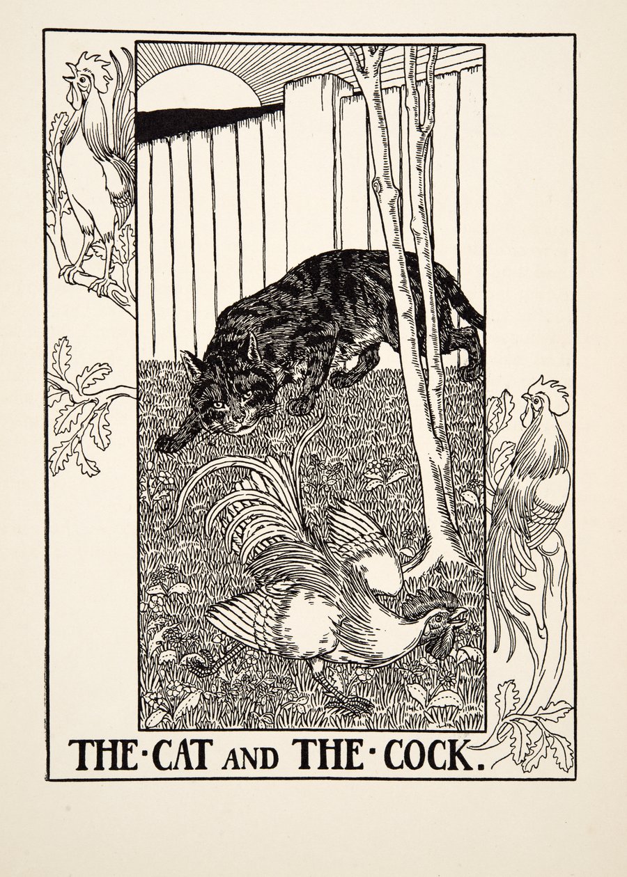 Die Katze und der Hahn, aus Hundert Fabeln von Äsop, veröffentlicht 1903 von Percy J. Billingshurst