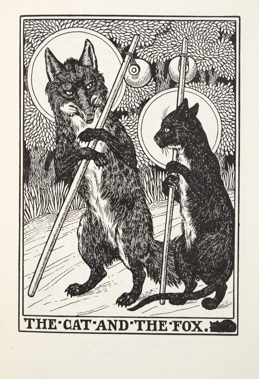 Die Katze und der Fuchs, aus Fontaine Fabeln, veröffentlicht 1905 von Percy J. Billingshurst