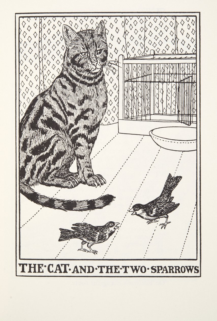 Die Katze und die zwei Spatzen, aus Fontaine Fabeln, veröffentlicht 1905 von Percy J. Billingshurst