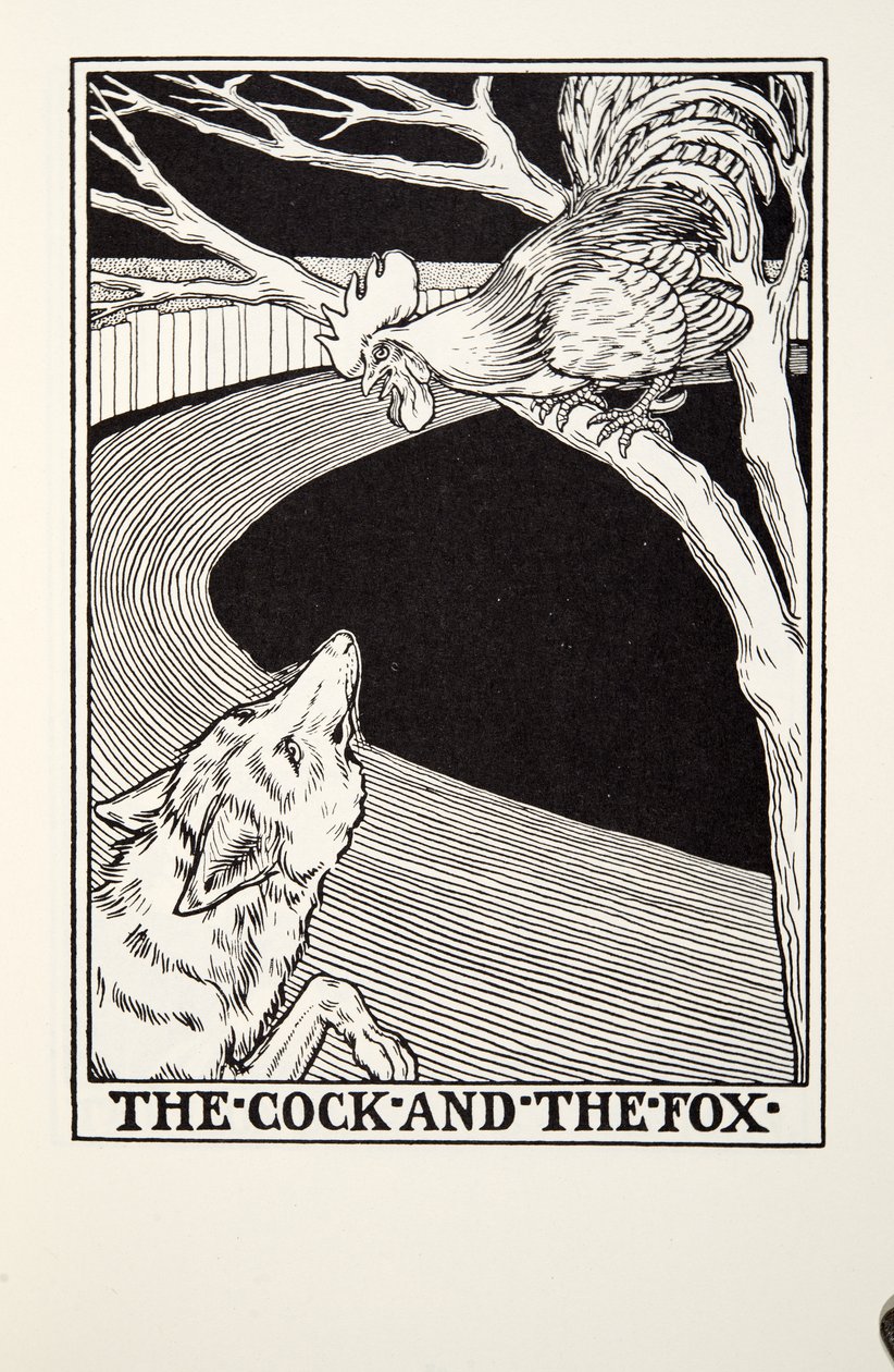 Der Hahn und der Fuchs, aus Fontaine Fabeln, veröffentlicht 1905 von Percy J. Billingshurst