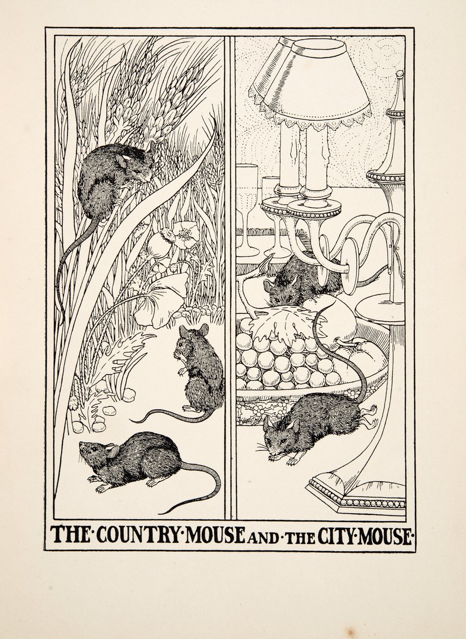 Die Landmaus und die Stadtmaus, aus Hundert Fabeln von Äsop, veröffentlicht 1903 von Percy J. Billingshurst