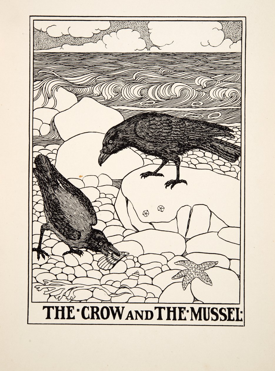Die Krähe und die Muschel, aus Hundert Fabeln von Äsop, veröffentlicht 1903 von Percy J. Billingshurst