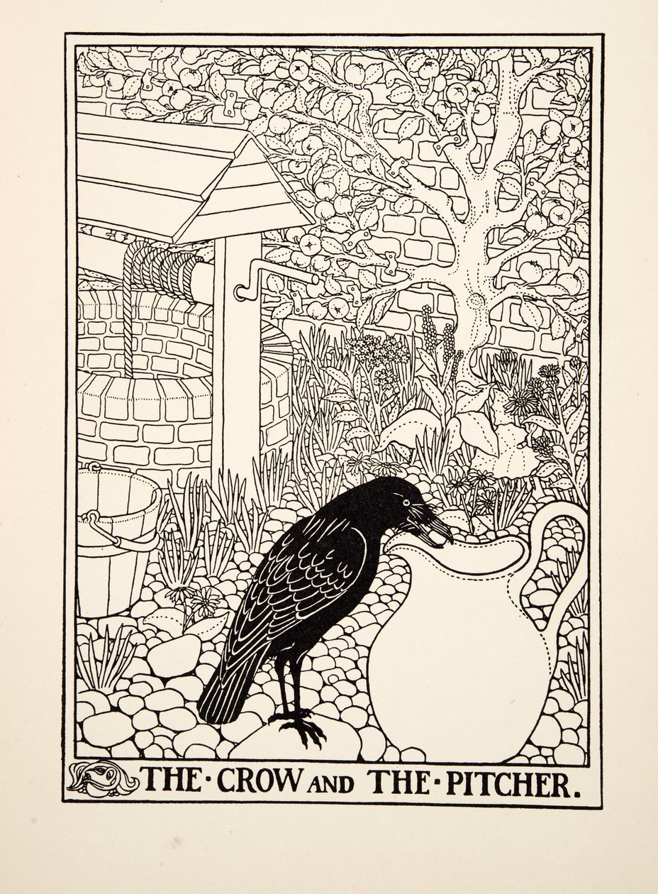 Die Krähe und der Krug, aus Hundert Fabeln von Aesop, veröffentlicht 1903 von Percy J. Billingshurst