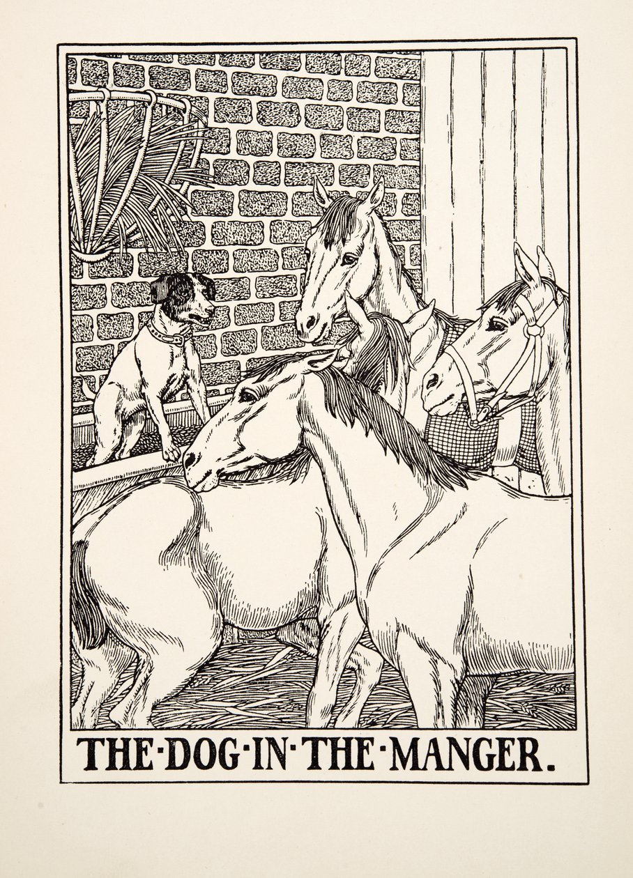 Der Hund im Heu, aus Hundert Fabeln von Äsop, veröffentlicht 1903 von Percy J. Billingshurst