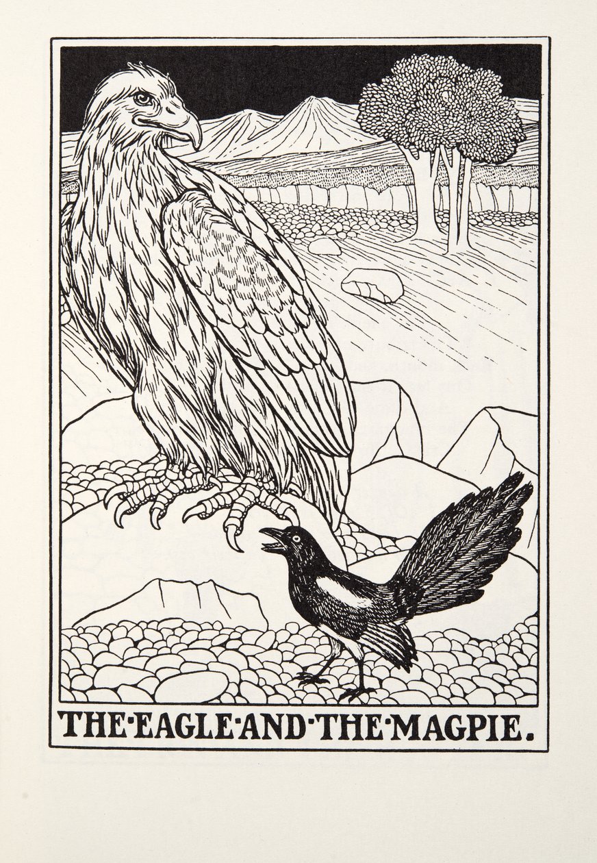 Der Adler und die Elster, aus Fontaine Fabeln, veröffentlicht 1905 von Percy J. Billingshurst