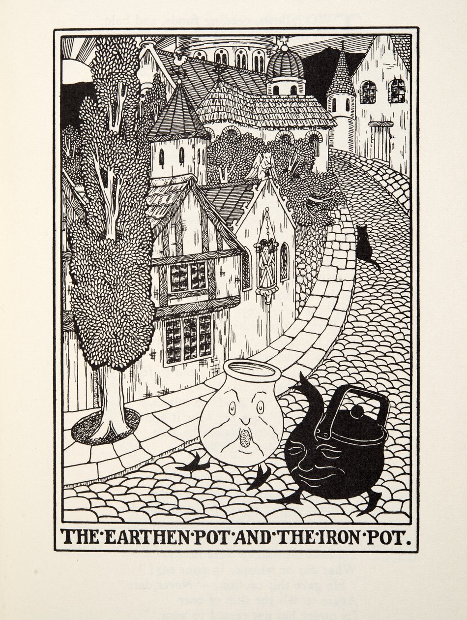 Der Tontopf und der Eisentopf, aus Fontaine Fabeln, veröffentlicht 1905 von Percy J. Billingshurst