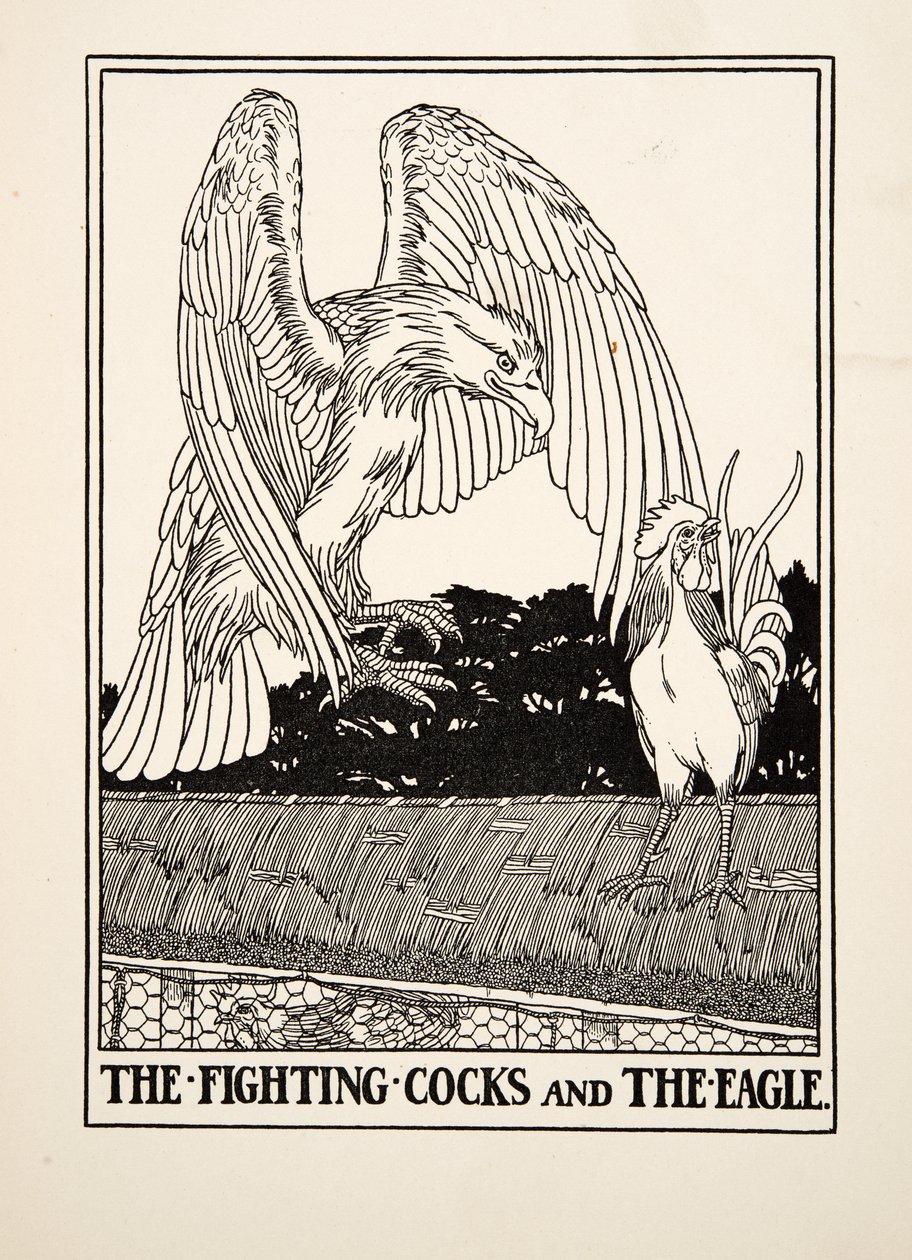 Die kämpfenden Hähne und der Adler, aus Hundert Fabeln von Äsop, veröffentlicht 1903 von Percy J. Billingshurst