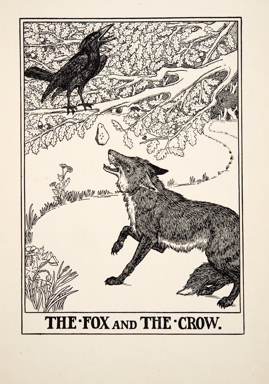 Der Fuchs und die Krähe, aus Hundert Fabeln von Äsop, veröffentlicht 1903 von Percy J. Billingshurst