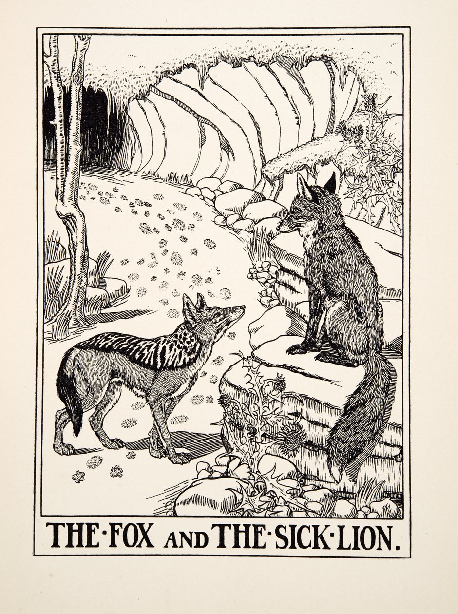 Der Fuchs und der kranke Löwe, aus Hundert Fabeln von Äsop, veröffentlicht 1903 (Gravur) von Percy J. Billingshurst