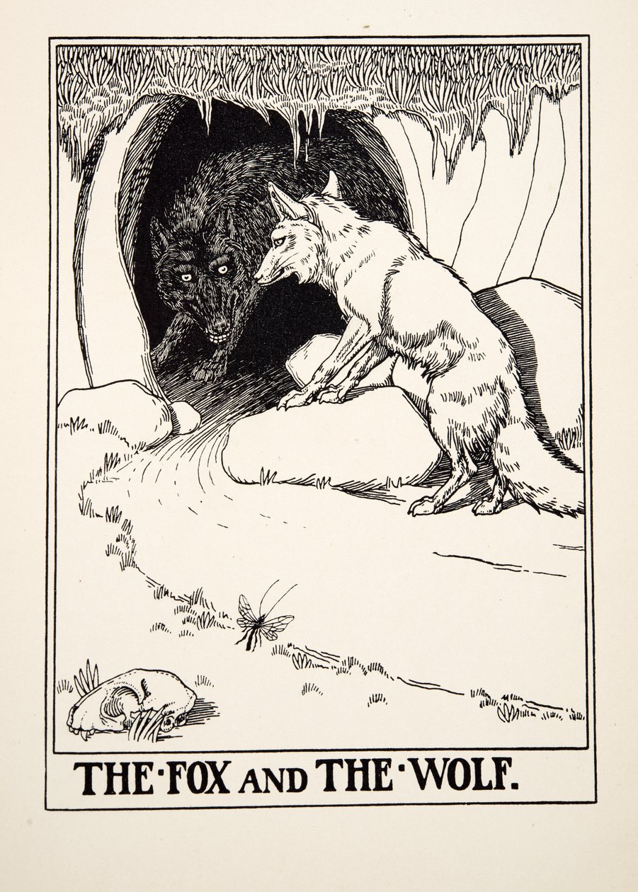Der Fuchs und der Wolf, aus Hundert Fabeln von Äsop, veröffentlicht 1903 (Gravur) von Percy J. Billingshurst