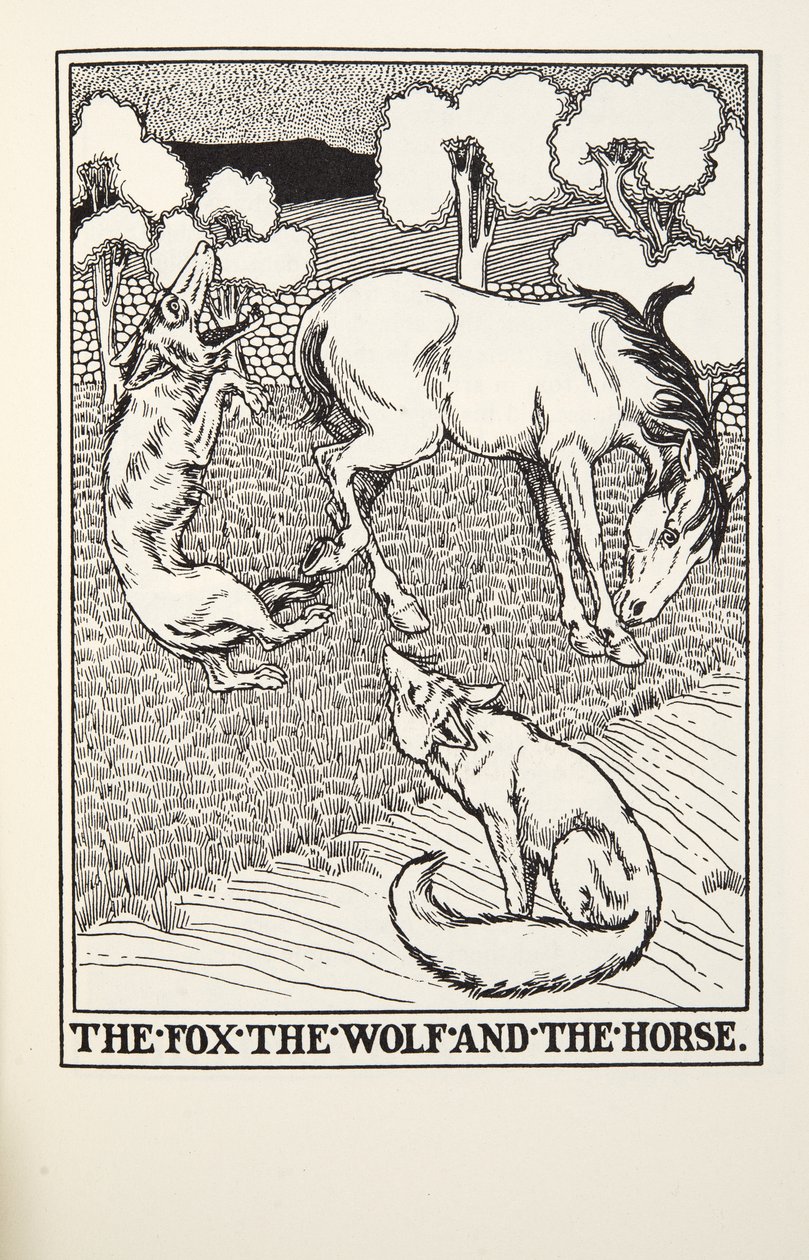 Der Fuchs, der Wolf und das Pferd, aus Fontaine Fabeln, veröffentlicht 1905 von Percy J. Billingshurst