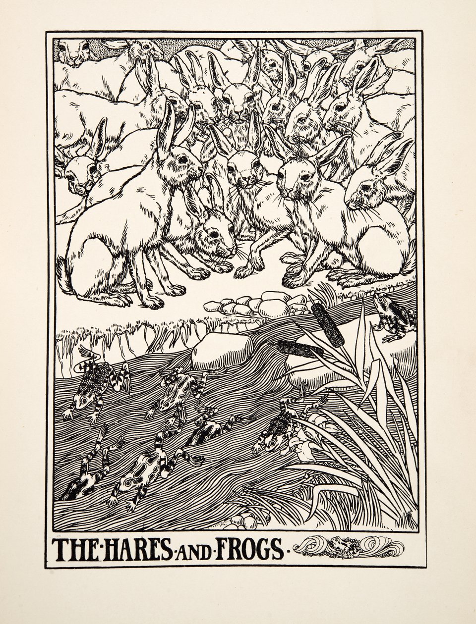Die Hasen und die Frösche, aus Hundert Fabeln von Äsop, veröffentlicht 1903 von Percy J. Billingshurst